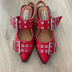 Red patent leather flats